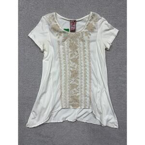 Johnny Was Cream Embroidered Short Sleeve Shirt Size L #69700
